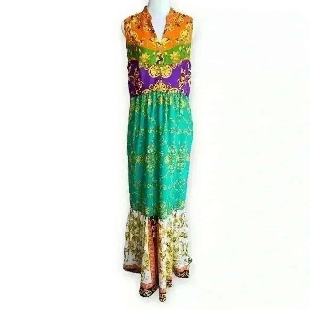 beige by eci dress Women's Striped Floral Print Sleeveless Fit & Flare Tea-Length - Size L All Pre Beige by eci Dress Size